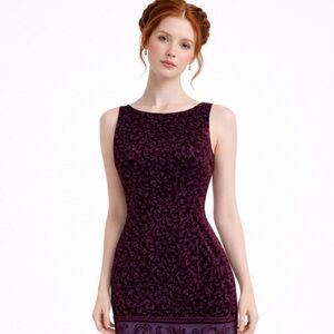 VTG Moda International Velvet Burnout Rayon Silk Sheath Dress Burgundy Wine 2